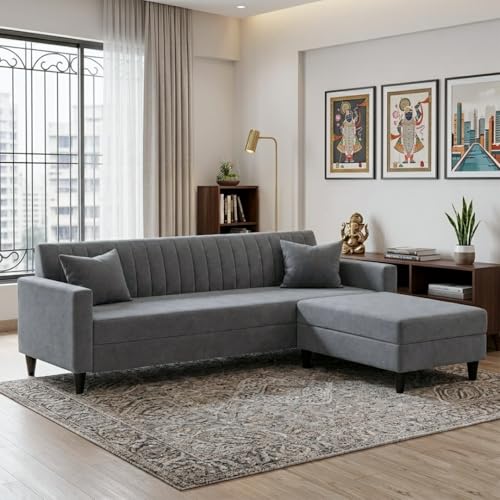 Image of FURNY Avvono 5 Seater L Shape Sofa Set with Movable Ottoman | Flexible Left or Right Layout | Plush Velvet Fabric (Dark Grey) | Perfect for Living Room, Guest Room & Office