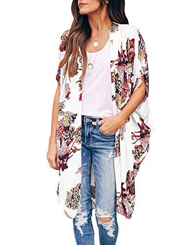 Women's Floral Print Puff Sleeve Kimono Cardigan Loose Cover Up Casual Blouse Tops Oversized Beach2