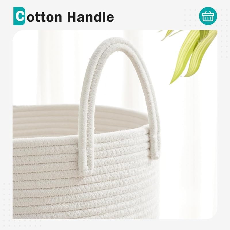 Image of Jute Cotton Rope Laundry Basket with Handles, Large Tall Clothes Hamper for Bedroom, Baby Nursery, Bathroom, Laundry Room & Home Storage Organizer (14x16 Inch, Grey & White)