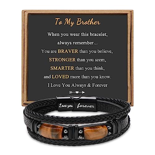 Image of 𝐔𝐧𝐢𝐪𝐮𝐞 𝐆𝐢𝐟𝐭𝐬 for Men 𝐋𝐞𝐚𝐭𝐡𝐞𝐫 𝐁𝐫𝐚𝐜𝐞𝐥𝐞𝐭 𝐟𝐨𝐫 𝐌𝐞𝐧 Dad Boyfriend Son Grandson Brother Love You Forever Tiger Eye Stone Father's Day Birthday Anniversary Christmas Black Jewelry 7.5/8.5/9 Inches