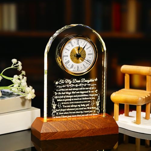 Image of Arikyrist Daughter Gifts from Mom Dad with Wooden Light Base, Birthday Graduation Gifts for Adult Daughter Crystal Clock Keepsake to My Daughters on Christmas Valentines Graduation Table Decor