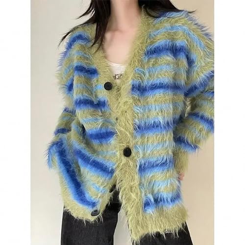 V-Neck Striped Cardigan Sweater Green Women Knitted Coat Imitation Velvet Thickened Warm Relaxed Casual Sweet2