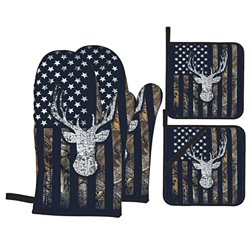 American Flag With Deer Oven Mitts And Pot Holders Sets 4 Pcs Set, Heat Resistant Camo Hunting Oven Gloves Vintage American Us Stripe Flag Hot Pad For Kitchen Cooking Baking Bbq #TOP16