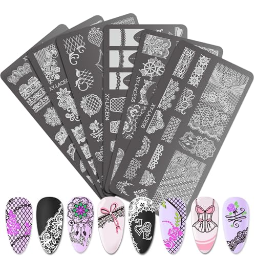 Lot de 6 plaques de stamping pour décoration de manucure, nœuds, fleurs et dentelle