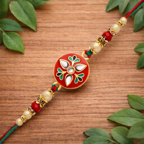 Image of Riddhika Ventures Glorious Gold Plated Auspicious Diamond Ring Rakhi with Roli Chawal and Greeting Card