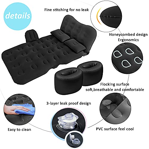 Saygogo Inflatable Car Air Mattress Travel Bed - Thickened Car Camping Bed Sleeping Pad With Car Air Pump 2 Pillows For Car Tent Suv Sedan Pickup Back Seat - Black #TOP1