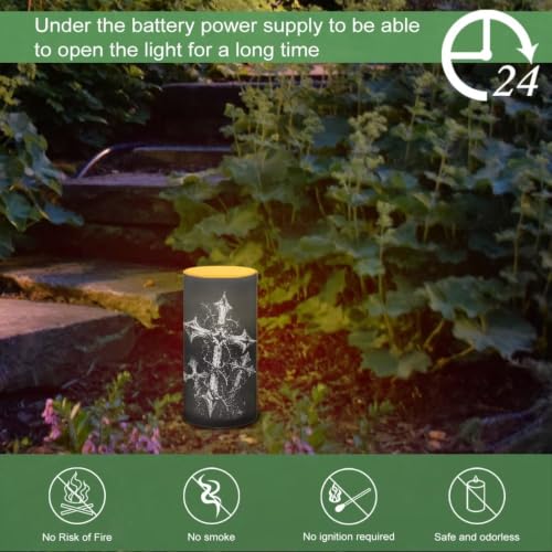 Image of Poceacles LED Flameless Candles Battery Operated Candles with Remote Control Timer Flickering Wick Pillar Tealight for Home Outdoor Decor, Cross Thorns Print Black