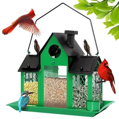 Solar Bird Feeders House for Outdoors Hanging, 7LBS Large Capacity Metal Wild Bird Feeder Squirrel Proof for Outside with Water Cup, Cardinal Birdfeeder Birdhouses Gift for Bird Lovers (Green)