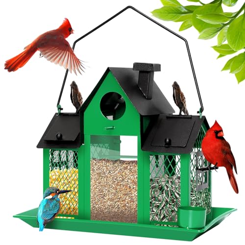 Solar Bird Feeders House for Outdoors Hanging, 7LBS Large Capacity Metal Wild Bird Feeder Squirrel Proof for Outside with Water Cup, Cardinal Birdfeeder Birdhouses Gift for Bird Lovers (Green)