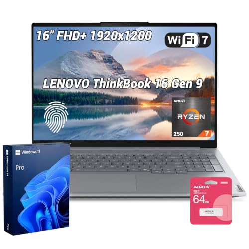 Image of Lenovo ThinkBook 16 Gen 9 Laptop with AMD Ryzen 7 250, 16GB RAM + 512GB SSD | 16 inch FHD+ IPS, Wi-Fi 7, HDMI, Fingerprint Reader, RJ 45, SD Card Reader, IR Camera, Win 11 Pro, Business Laptop, w /Bundle
