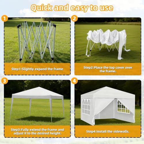 Image of 10x10 White Pop Up Canopy Tent 4 Sidewalls Height Adjustable Portable Gazebo One-Push Setup with Wheeled Bag for Summer Weddings, Backyard BBQ, Beach Camping, Poolside Parties