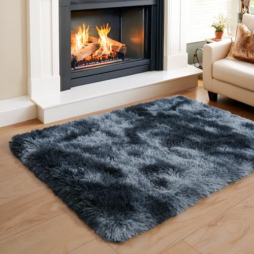 KING DARE Small Area Rugs for Bedroom, 2x3 Shag Rug Washable, Plush Fluffy Fuzzy Soft Non-Slip Carpet for Dorm Bedside Closet Girls Boys Room Decor, Blue and Grey