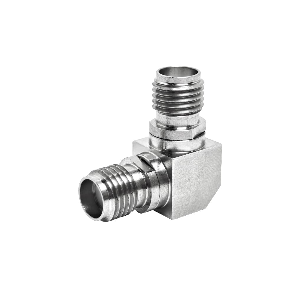 Adaptateur Haute Tension SMA Femelle à Angle Droit vers SMA Femelle en Acier Inoxydable – 50 Ohm, DC-18 GHz, Isolant PTFE, 1 pièce