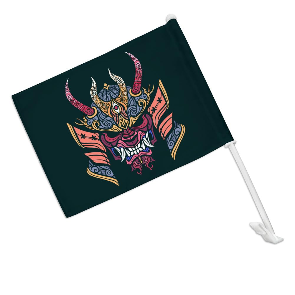 Samurai Warrior Japanese Demon Oni Mask Car Truck Flag with Window Clip On Pole Holder