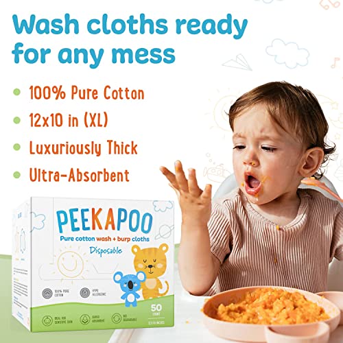 Peekapoo - Disposable Cotton Wash Cloths (50 Pack), Biodegradable, Soft, Thick, Baby Burp Cloths, Unscented, Hypoallergenic Burping Cloth, Sensitive Skin3