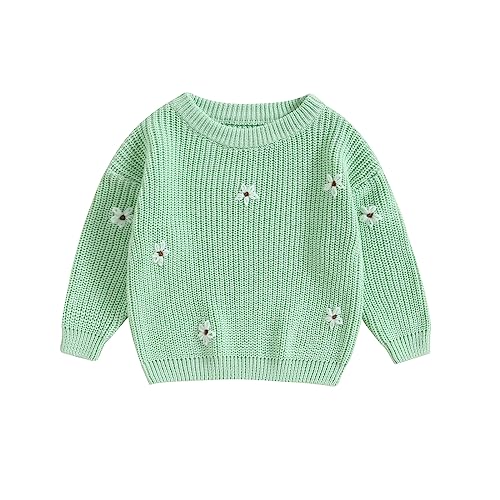 Image of Infant Baby Girl Sweater Floral Embroidery Crewneck Loose Knitted Pullover Sweatshirt Toddler Fall Winter Clothes(Light Green,0-3 Months)