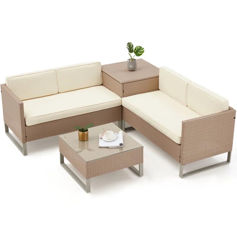 Image of DEVOKO 4 Piece Patio Furniture Set All-Weather Outdoor HDPE Rattan Sectional Sofa with Table & Cushions for Patio, Deck, Garden, Poolside, Yard (Beige and Cream)