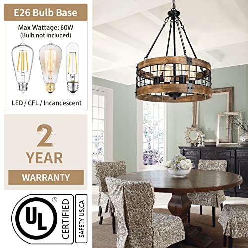 4-Light Rustic Chandelier For Entryway, Round Farmhouse Light Fixtures For Dining Room, Industrial Drum Hanging Pendant Lighting For Kitchen Island, Nature Wood Texture And Black Metal Finish #TOP1