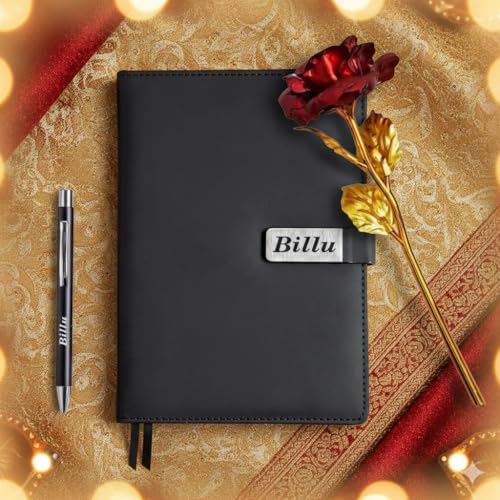 Image of Personalized Diary & Pen Gift Set with Name Engraving | Leather Diary Combo with Decorative Rose | Customizable Gift for Birthday, Anniversary, Valetine & Special Occasions (Black)