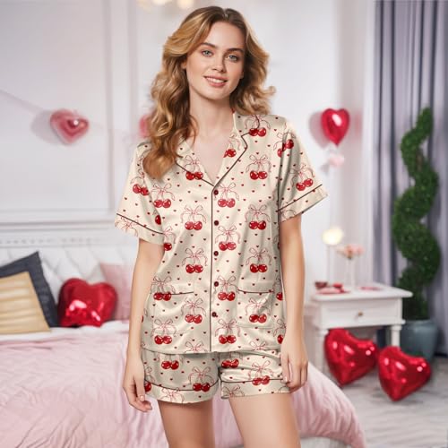 Image of Women's satin pajamas set, Short-sleeve button down Loungewear