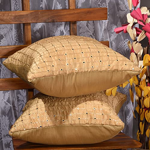 Image of Yellow Decorative Cushion Covers 20x20 inches Set of 2, Embroidered Mirror Work Pillow Covers, Designer Sofa Cushion Covers with Sequins