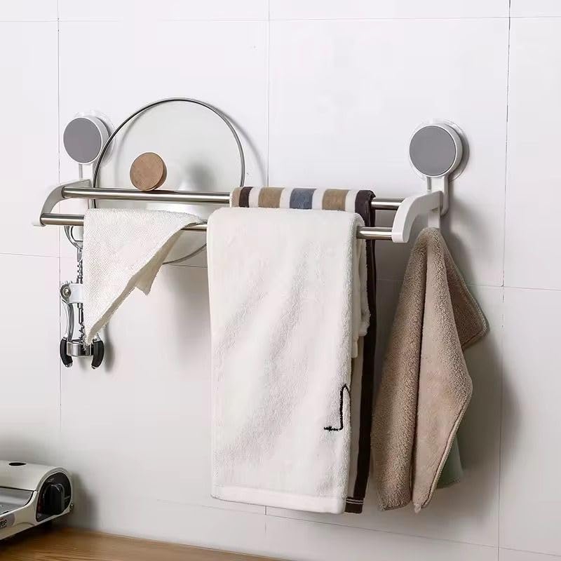 Image of GLACIAL Wall Mounted Double Rod Towel Holder Bar - Magic Sticker Napkin Rod Hanger for Bathroom & Kitchen, No-Drill Cloth Rack for Hand Towels, Dish Towels, and Cleaning Rags (Pack of 1)