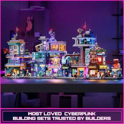 Image of FUNWHOLE Cyberpunk Japanese-Izakaya Lighting-Building-Bricks Set - Cyberpunk Neon City Future Pub Japanese Street View House Collection LED Light Model Set 1987 Pcs for Adults and Sci-fi Lovers