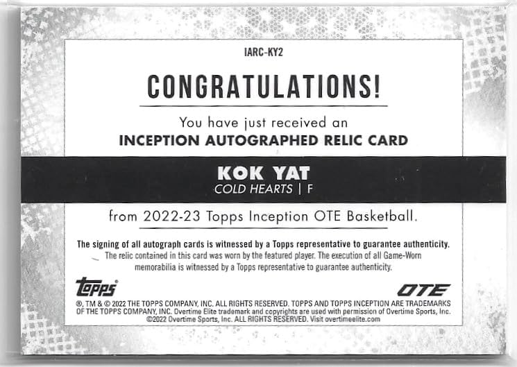Kok Tat Autographed & Serial Numbered #023/149 Parallel Autographed Relic Rookie Card Inception Collectible Basketball Card - 2023 Topps Inception OTE Basketball Card #IARC-KY2 (Cold Hearts)