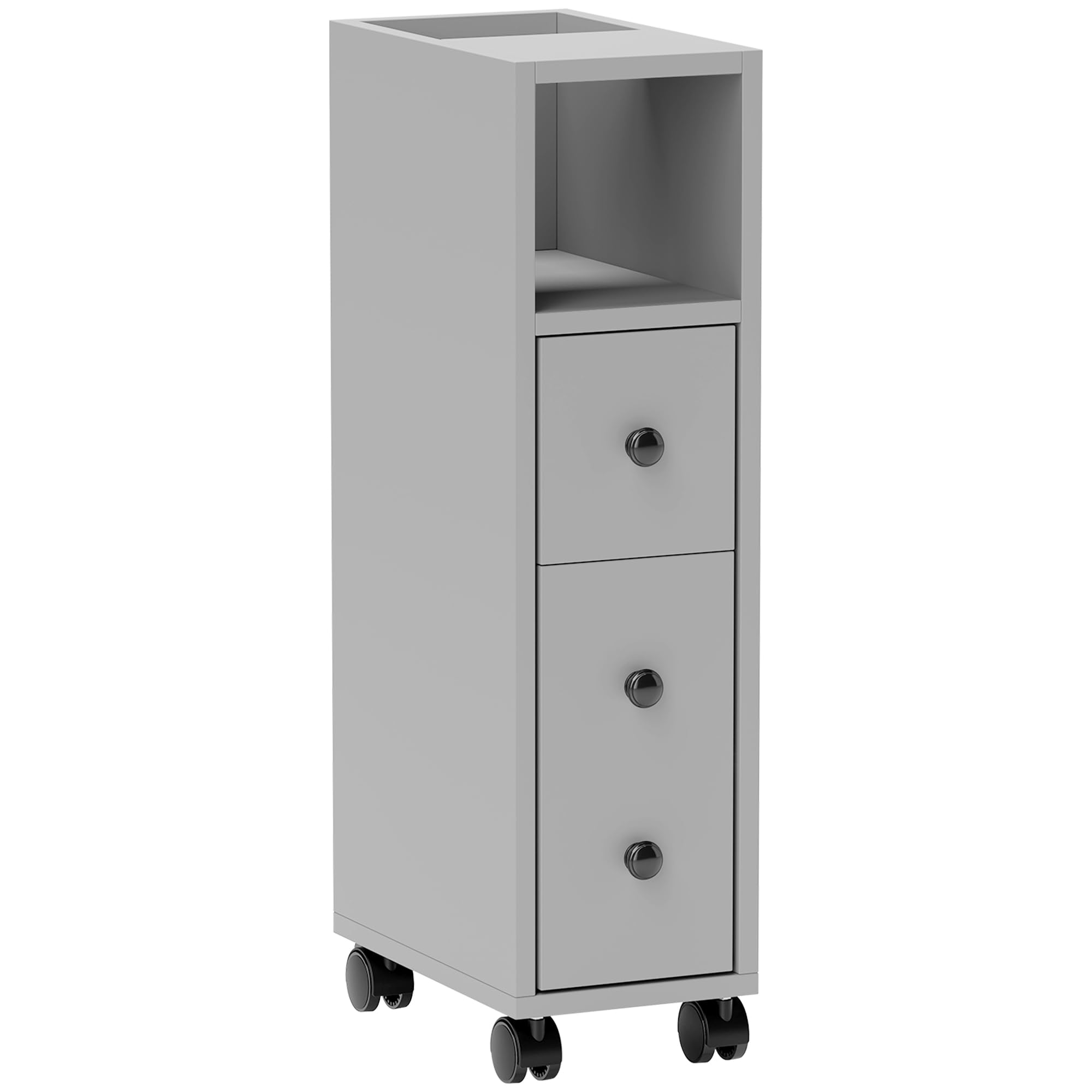 kleankin Slimline Bathroom Storage Unit w/ 2 Drawers 2 Open Compartments Wheels Handles Freestanding Compact Home Office Furniture Grey