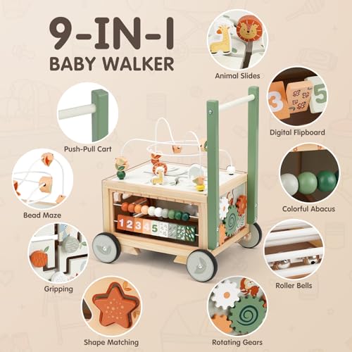 Joyreal Wooden Baby Walker - 9-in-1 Baby Push Walker with Activity Cube, Push Activity Walker for Boys and Girls, Sit-to-Stand Learning Walker Activity Center, Speed & Height Adjustable - Thumbnail 2