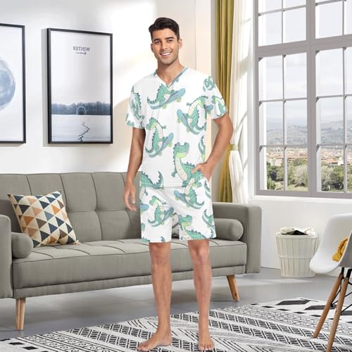 Men's Pajama Set Cartoon Crocodiles Pattern Short Sleeve with Shorts Pockets Sleepwear Set Summer Loungewear4