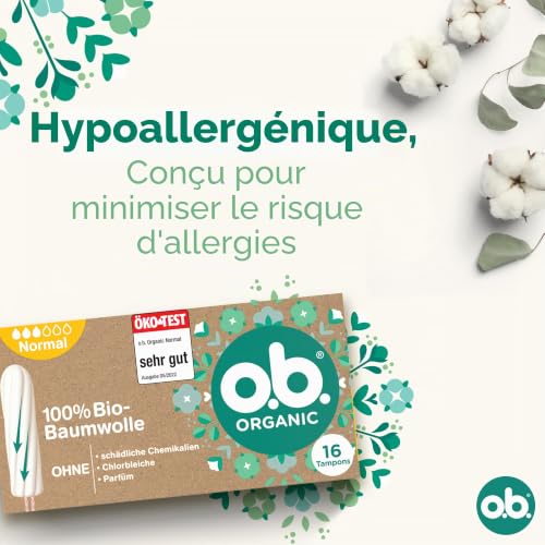 o.b. Organic Normal (16 pièces), tampons 100% coton bio avec rainures incurvées pour les jours moyens/forts, évalués « très bien » par le test écologique*, pour une protection fiable pendant les – vue 7