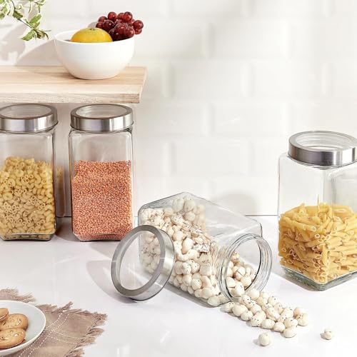 Image of SITOVI Premium Qube Glass Jars - 4 x 1000ml Airtight Containers | Stylish, Stackable, Transparent Kitchen Storage for Dry Fruits, Pulses, Snacks