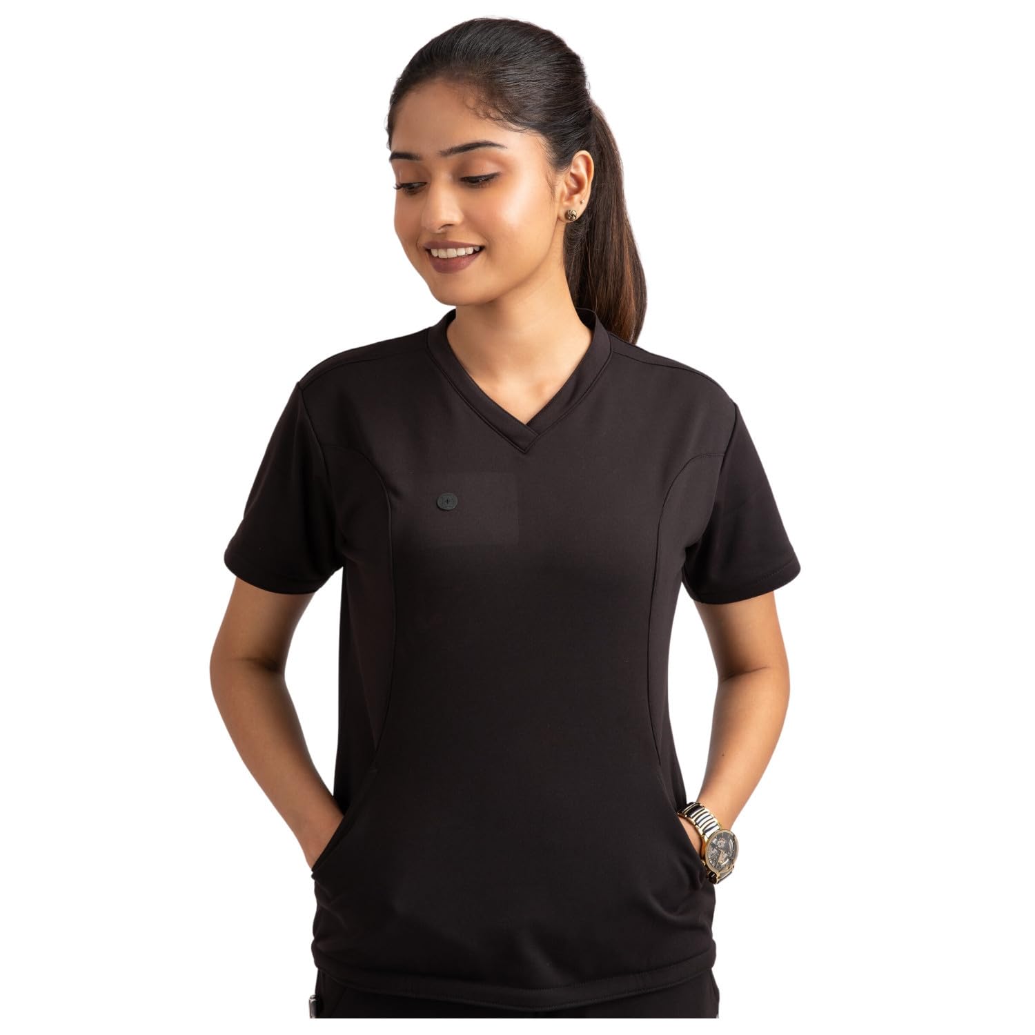 MEFZ Style Luxury Scrub Suit Vanta Black Color Female Top, 4 way Stretch, MEEZE Pro Fabric, 2 layer Fabric, No underscrub Required, V Neck, 2 Pockets, Free travel zipper bag | Size : M (B0CZF237PY) Amazon Price History, Amazon Price Tracker