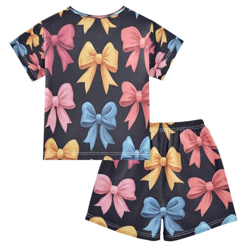 Pajama Sets Short Sleeve Colorful Bows on Black Soft Cotton Summer Sleepwear 2 Piece PJS Size 5-14T2