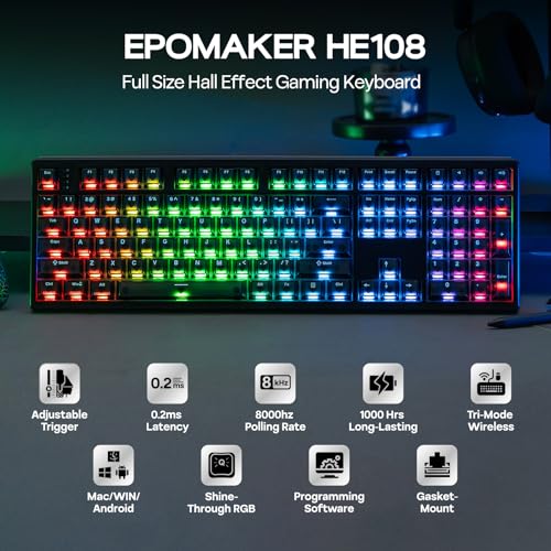 Image of EPOMAKER HE108 Wireless Gaming Keyboard, 8K Polling & 10000mAh, SOCD & DKS, Full-Sized Hall Effect Keyboard with Rapid Triggering, Custom Driver, RGB Backlit, PBT Keycap (Black)