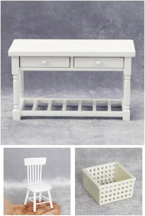 AirAds Dollhouse 1:12 Scale Dollhouse Miniature Computer Table Chair Writing Desk Nick-nack Basket Furniture White (Lot 3)