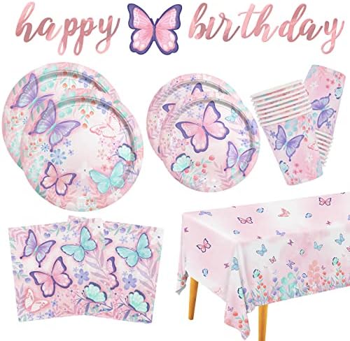 Butterfly Birthday Party Supplies Disposable Paper Plates Napkins Cups Tablecloth and Banner for Butterfly Girl Party Birthday Decorations, Serve 25