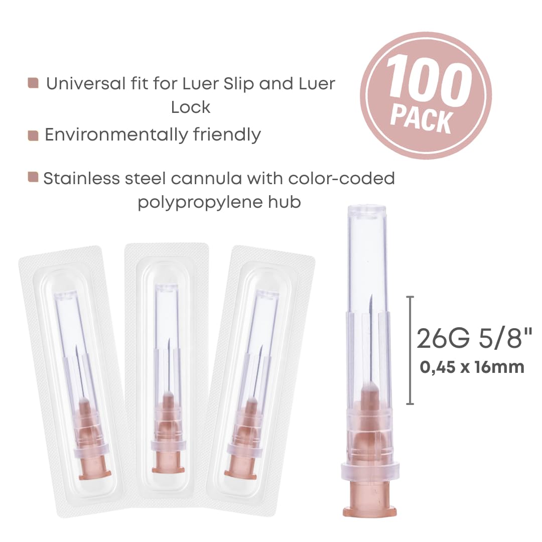 Lot de 100 tubes de dosage en acier inoxydable 26 G x 16 mm, emballés individuellement, pour l'industrie et le laboratoire