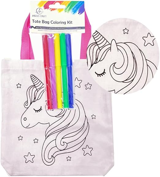 12 Pack Coloring Tote Bag Kit - Cute Design with 5 Markers for Creative Painting - Ideal for Gifts Goodies Bags
