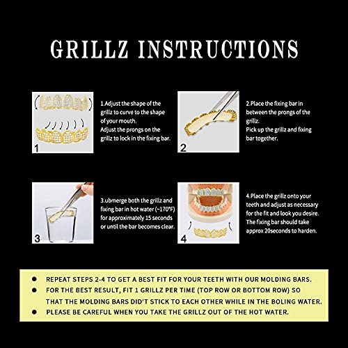 Jinao 18K Gold Plated All Iced Out Luxury Cubic Zirconia Face Diamond Grill Silver Teeth Grillz Set With Extra Molding Bars Included Diamond Grillz For Men Women (Silver Set) #TOP4