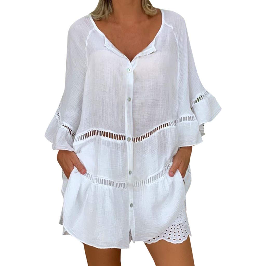 Vectry Camisa Mujer Tallas Grandes para Mujer Algodón Liso Y Lino Hollow out Jersey con Cuello En V Top Camisa Camisa Otoño Verano Playa Y Fiesta