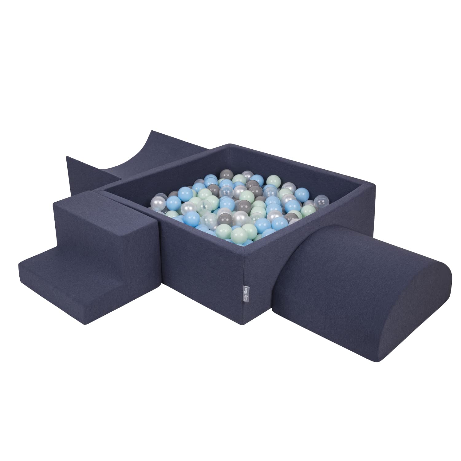 KiddyMoon Foam Playground For Kids With Square Ballpit (300 Balls ∅ 7Cm/2.75In) Soft Obstacles Course And Ball Pool, Made In The EU, Darkblue:Pearl/Grey/Transparent/Babyblue/Mint