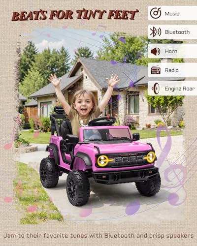 Image of First Ride On 12V Electric Ride on Toys for Toddler, Ford Bronco Raptor Kids Ride on Car with Remote Control, 12 Volt Battery Powered Cars for Children with Smooth Start, Bluetooth (12V, Pink)