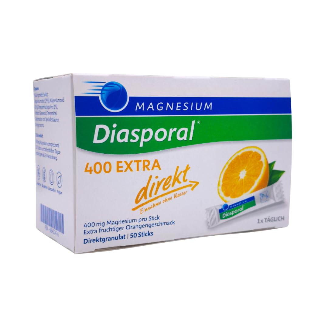 Magnesium Diasporal 400 EXTRA direkt 50 Sticks I Magnesium hochdosiert 400 mg I Direktgranulat ohne Wasser I Magnesium Sticks fruchtig Orange I vegan, zuckerfrei I mit Pharma Perle Duschgel (2x)