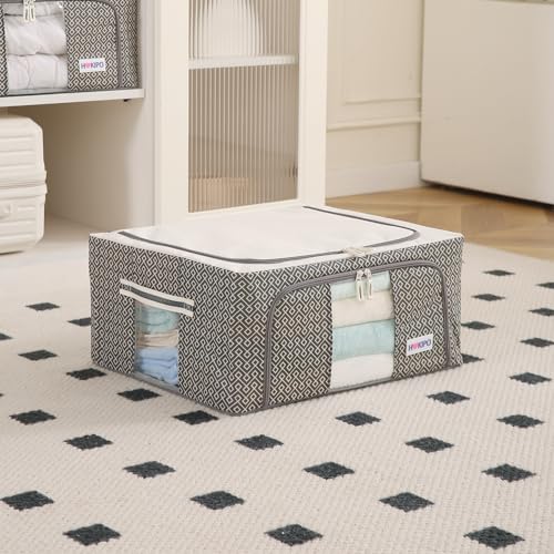 Image of HOKIPO Almirah Organizer Living Boxes | Cloth Storage Box with Top & Front Zipper | Moisture & Moth Resistant | Strong Metal Frame (Oxford Fabric) |44L, Pack of 1 Charcoal Grey (AR-5928-CGRY)
