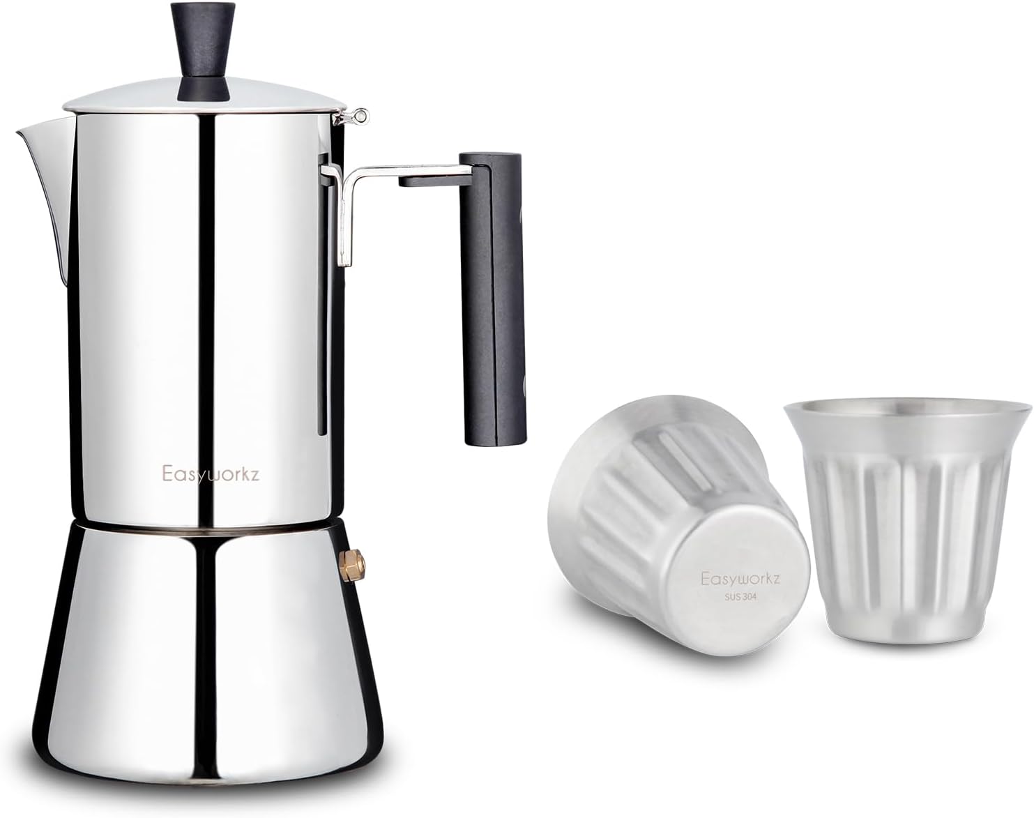 Easyworkz Pedro Stovetop Espresso Maker 6Cup 300ml, Bundled Stainless Steel Double-Wall Espresso Cups 5 oz Set of 2, Vertical Stripe Design, Brushed Silver