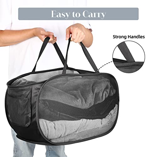 Image of Durable Collapsible Laundry Baskets, Mesh Pop Up Laundry Hamper with Side Pocket, Foldable Clothes Hamper with Reinforced Carry Handles for Laundry, Bathroom, Kids Room, Dorm or Travel 2 Pack Black
