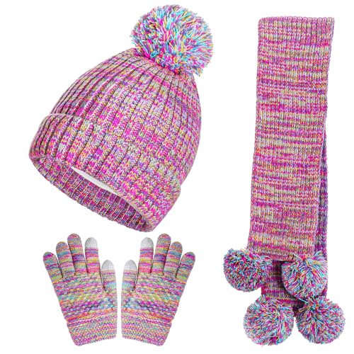 Kids Winter Hat Gloves Scarf Set Girls Toddler Beanie Hat Fleece Lined Knit Neck Warmer with Pom Mittens Set