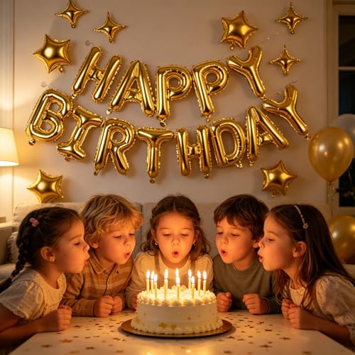 Image of Gold Happy Birthday Balloons Banner 16 Inch Mylar Foil Letters, 10 Inch Five & Four Star, Inflatable Party Decor and Birthday Decorations for Women, Men, Boys & Girls Kids and Adults, Party Supplies